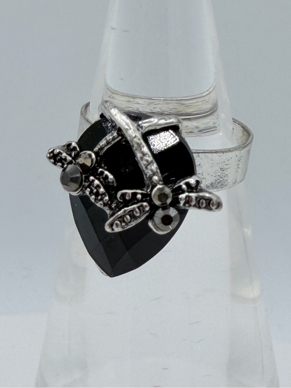 Dragonflies on Facetted Black Glass Rhinestone Silver Tone Adjustable Ring
